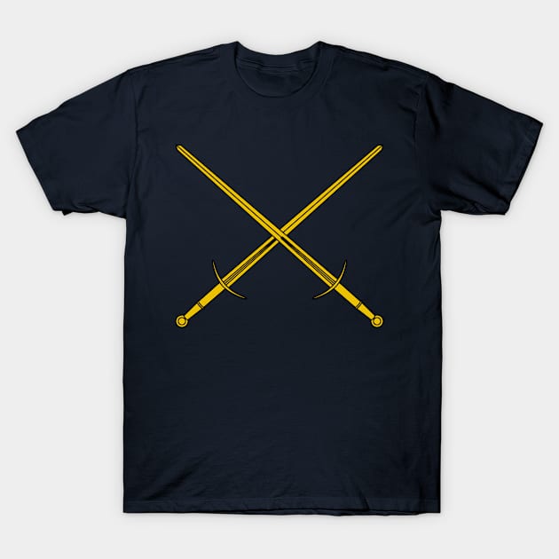 Hand and a half swords / Crossed bastard swords (gold) T-Shirt by PabloDeChenez